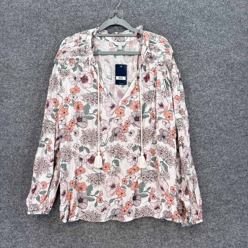 Lucky Brand Blouse Womens 1X Pink Floral Tassel V-Neck Peasant Top Boho NEW